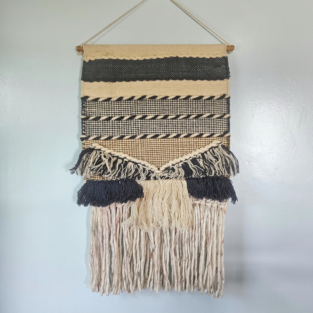 Boho Woven Wall Hanging Textile Art Navy Cream Tan Fringe Wood Dowel Tapestry